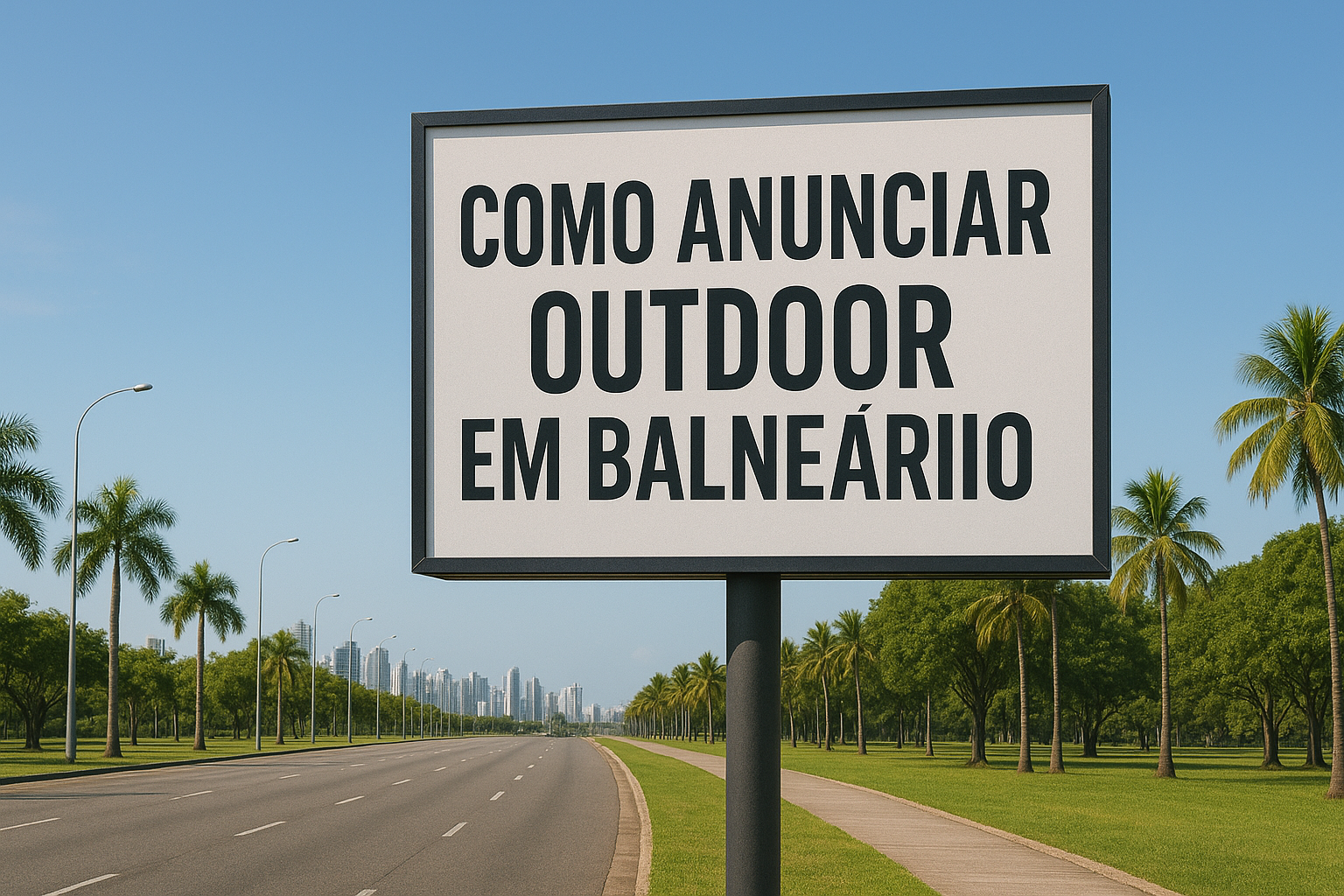 Outdoor branco em destaque em Balneário Camboriú, posicionado em uma avenida, com céu azul e ensolarado.