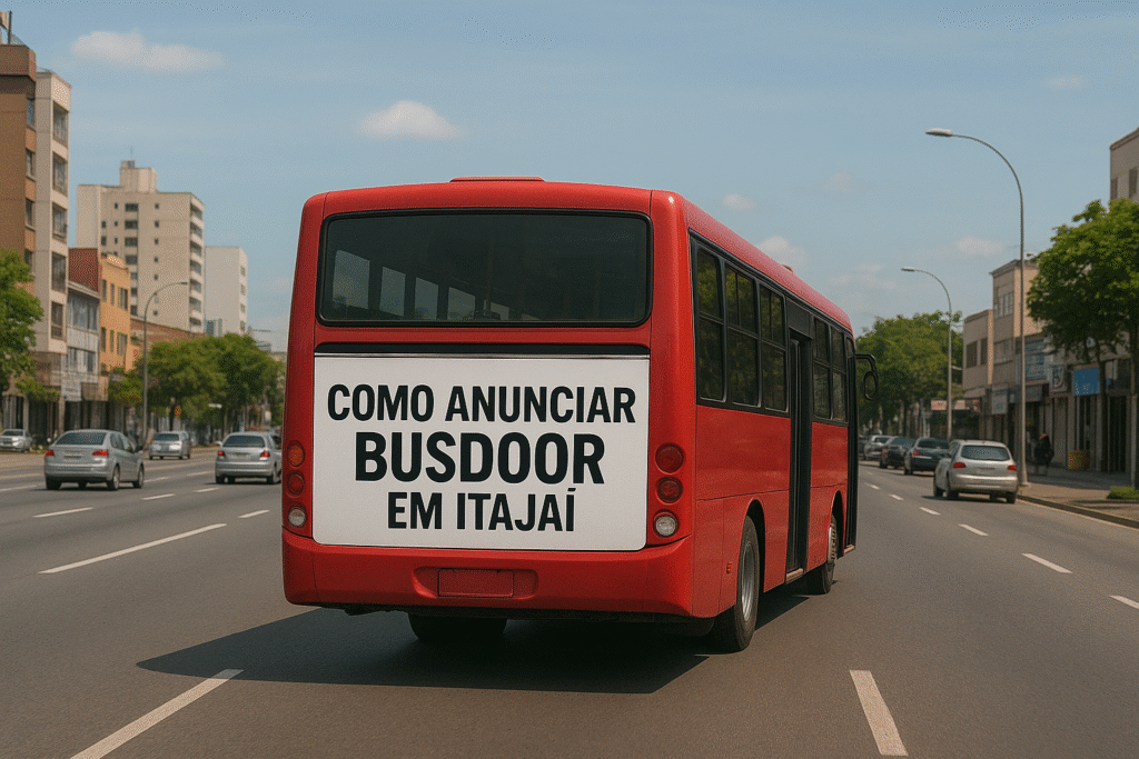 Anúncio em busdoor em Itajaí (SC), mídia em movimento que leva a marca pelas principais ruas da cidade.