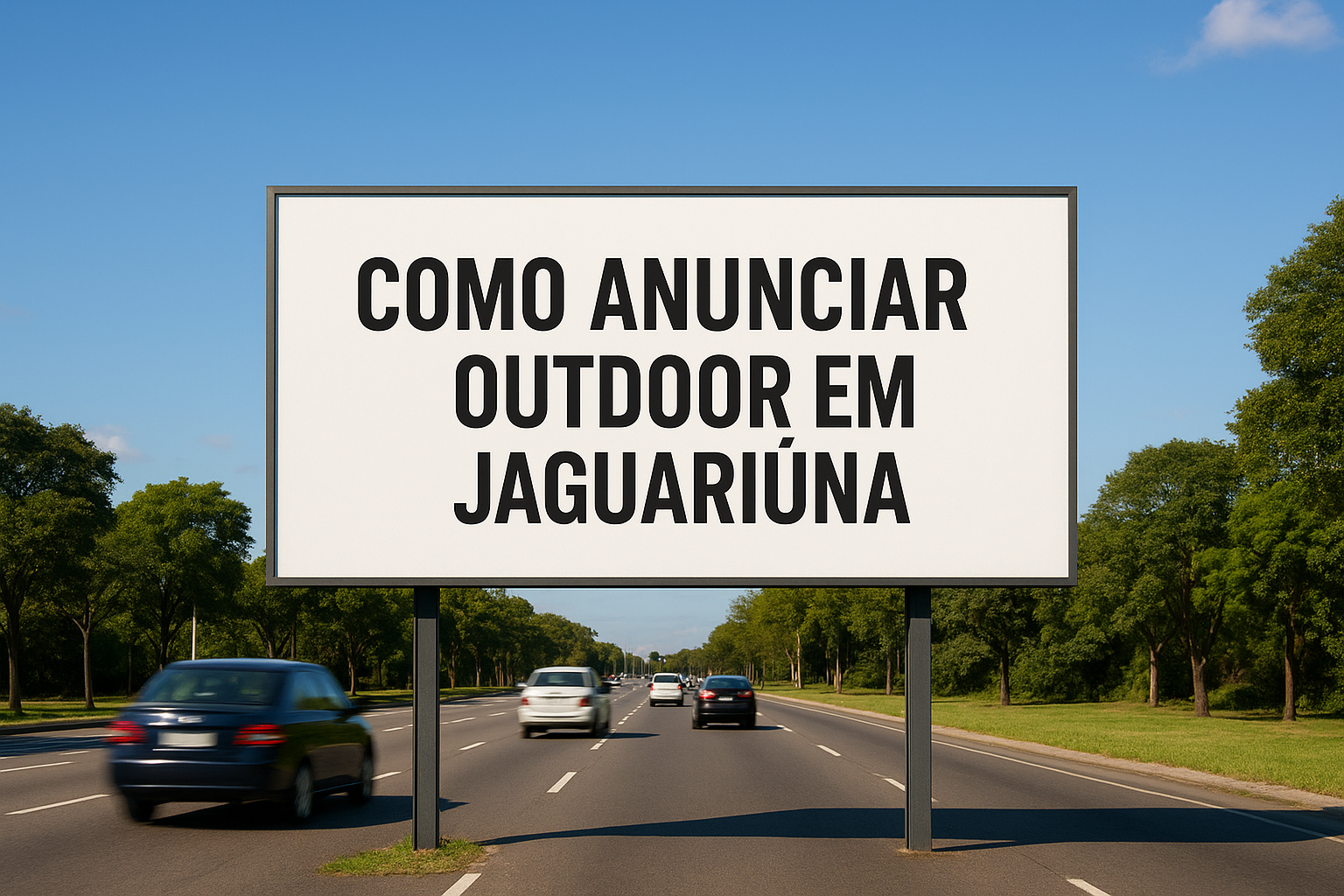 Outdoor em Jaguariúna (SP) instalado em avenida ampla, com céu azul e movimento de veículos, pronto para campanhas publicitárias locais.