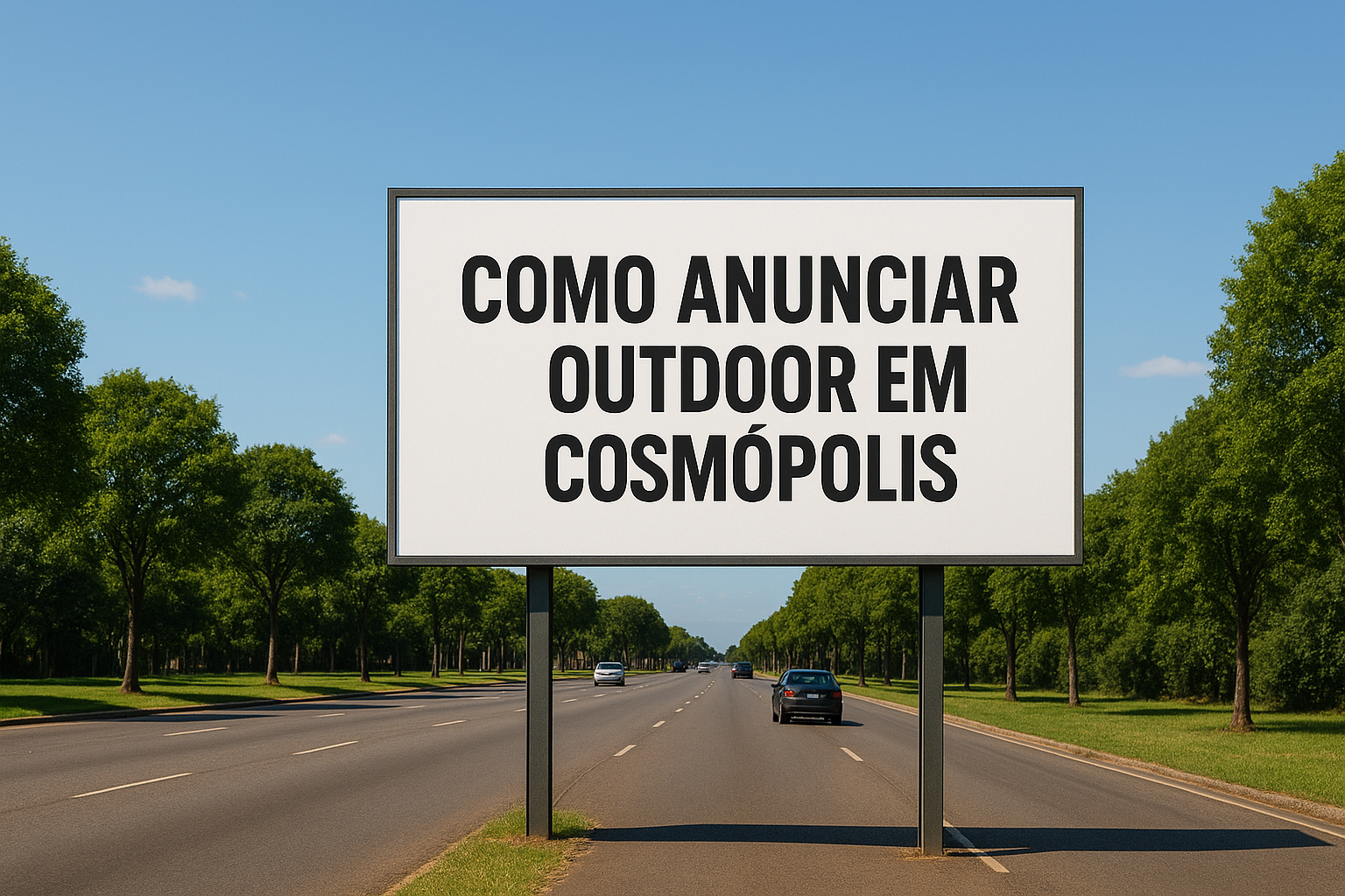 Outdoor em Cosmópolis localizado em avenida aberta, com céu azul e árvores próximas, pronto para receber anúncios publicitários.