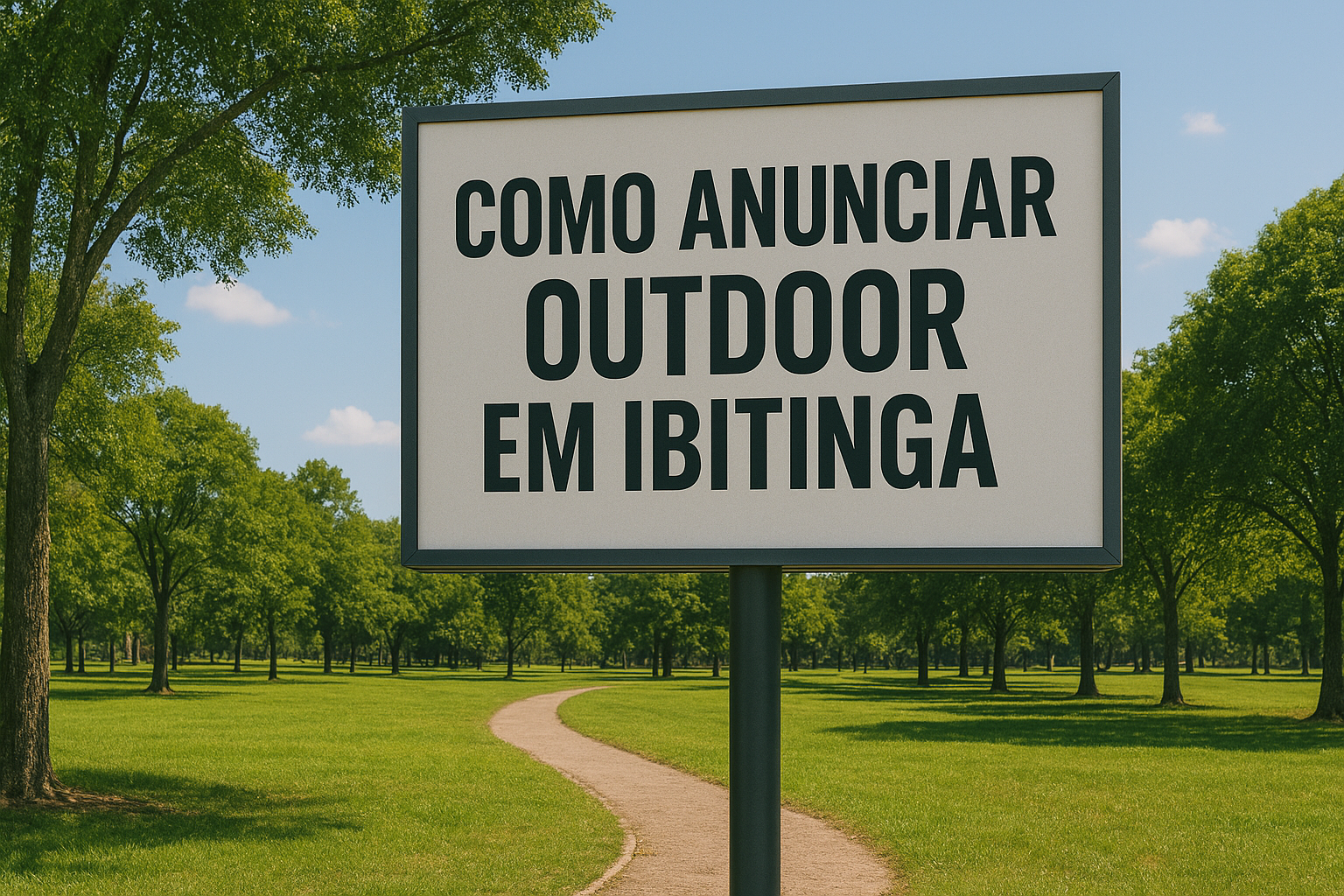 Outdoor branco em parque de Ibitinga (SP), cercado por árvores e céu azul, pronto para receber anúncio publicitário.