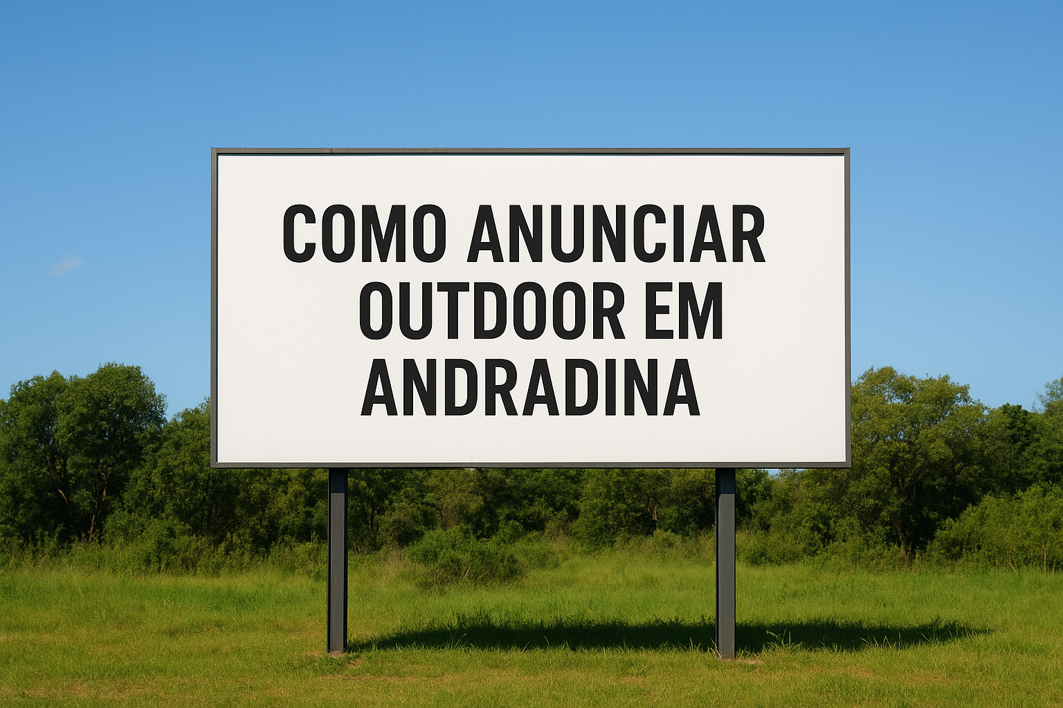 Outdoor em Andradina instalado em área aberta, com céu azul e vegetação ao fundo, pronto para veicular campanha publicitária.