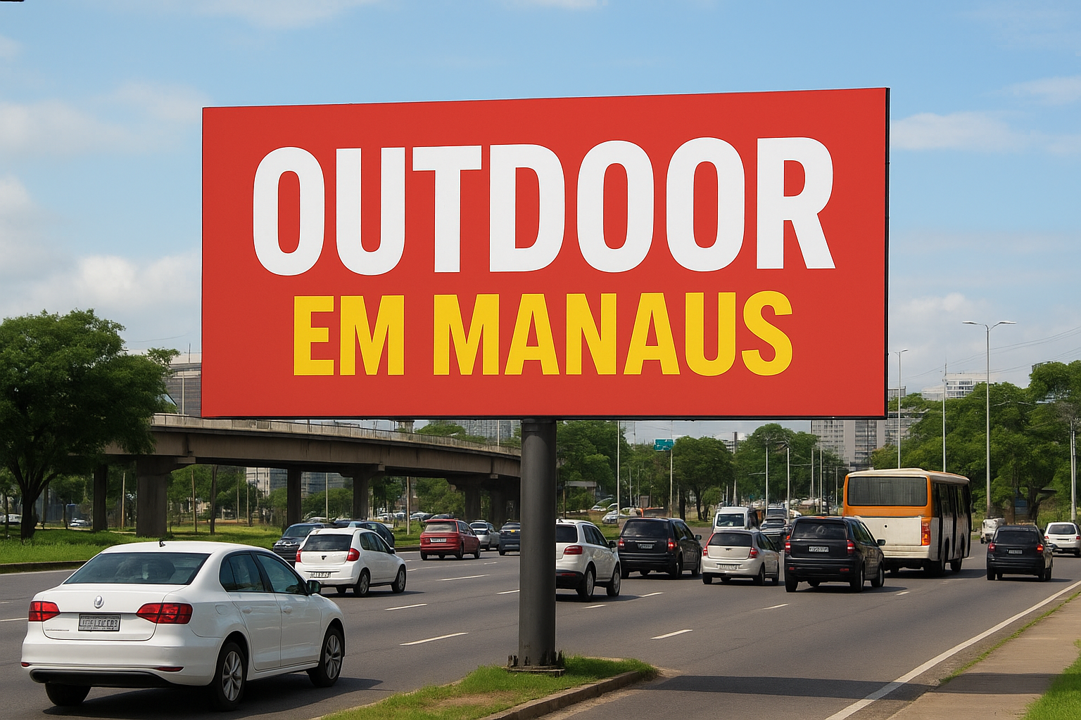 Outdoor 9×3 metros exposto em avenida de Manaus com tráfego intenso.