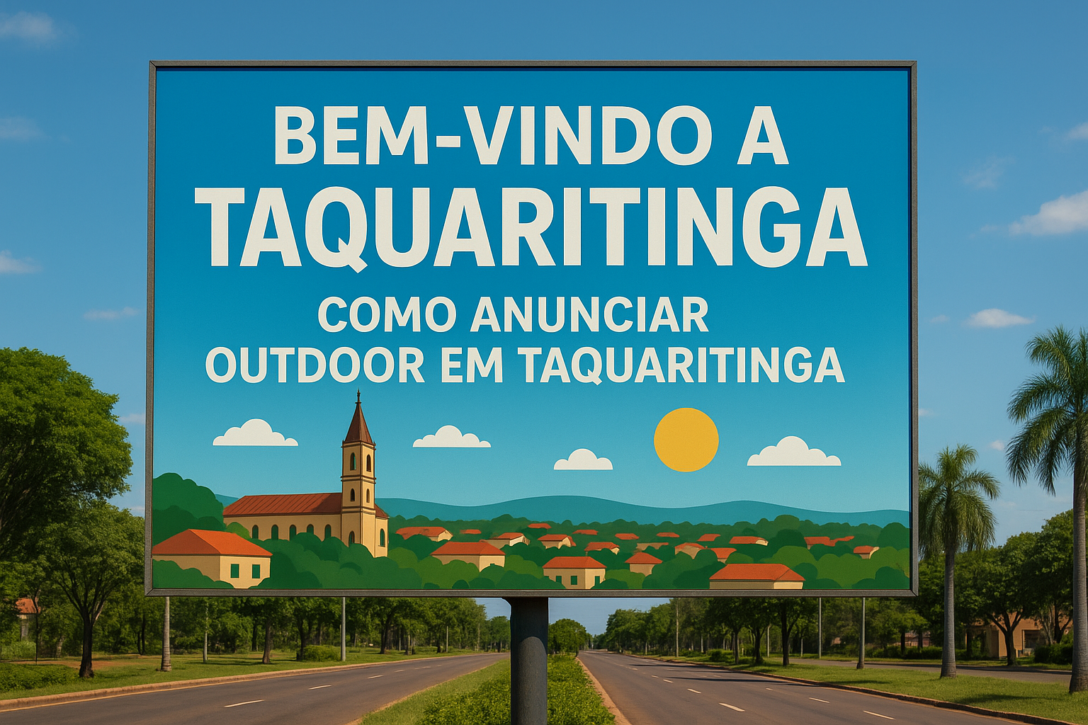 Outdoor em Taquaritinga com a frase “Como anunciar outdoor em Taquaritinga”, instalado em avenida arborizada sob céu azul.