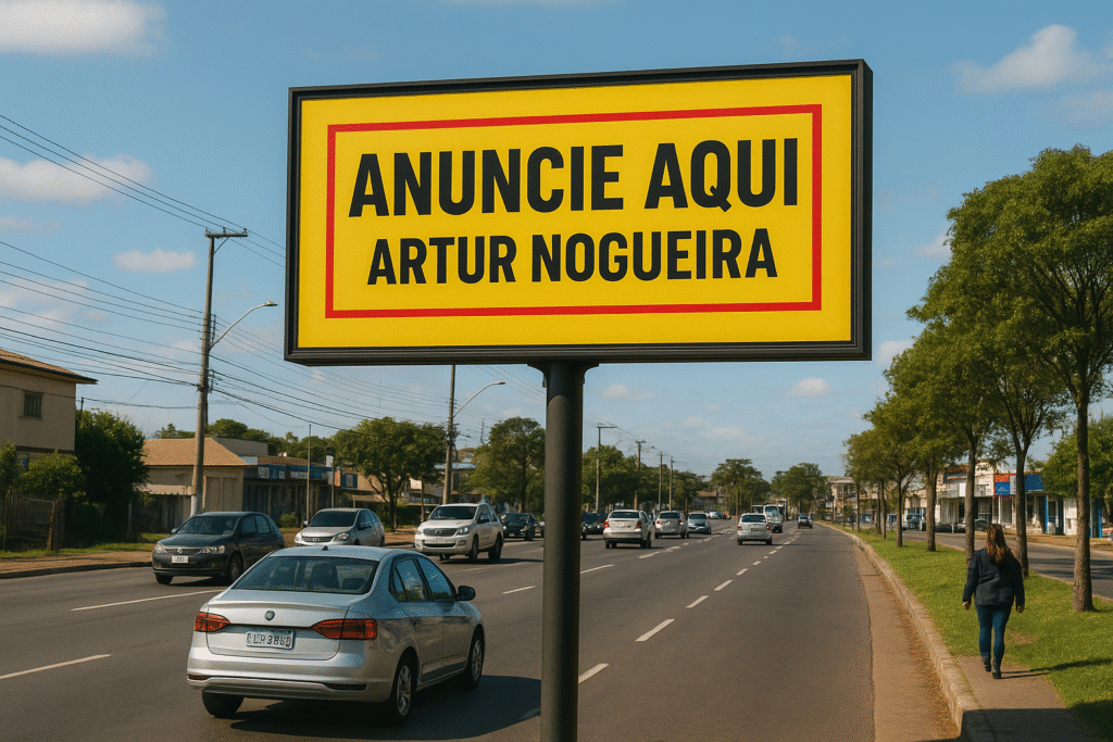 Outdoor instalado em avenida movimentada de Artur Nogueira, exibindo anúncio publicitário para motoristas e pedestres.