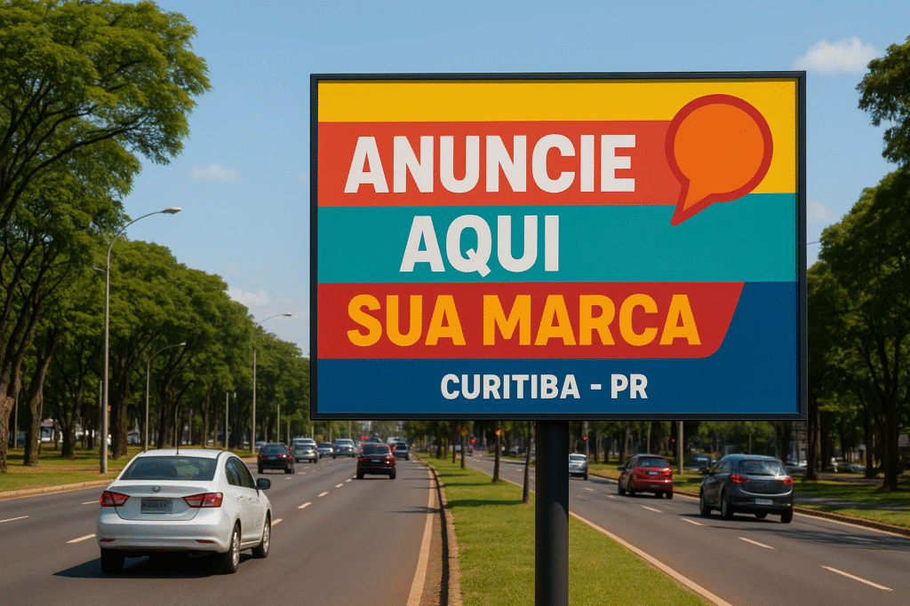 Outdoor publicitário em Curitiba, Paraná, instalado em avenida movimentada, com anúncio chamativo para atrair motoristas e pedestres.