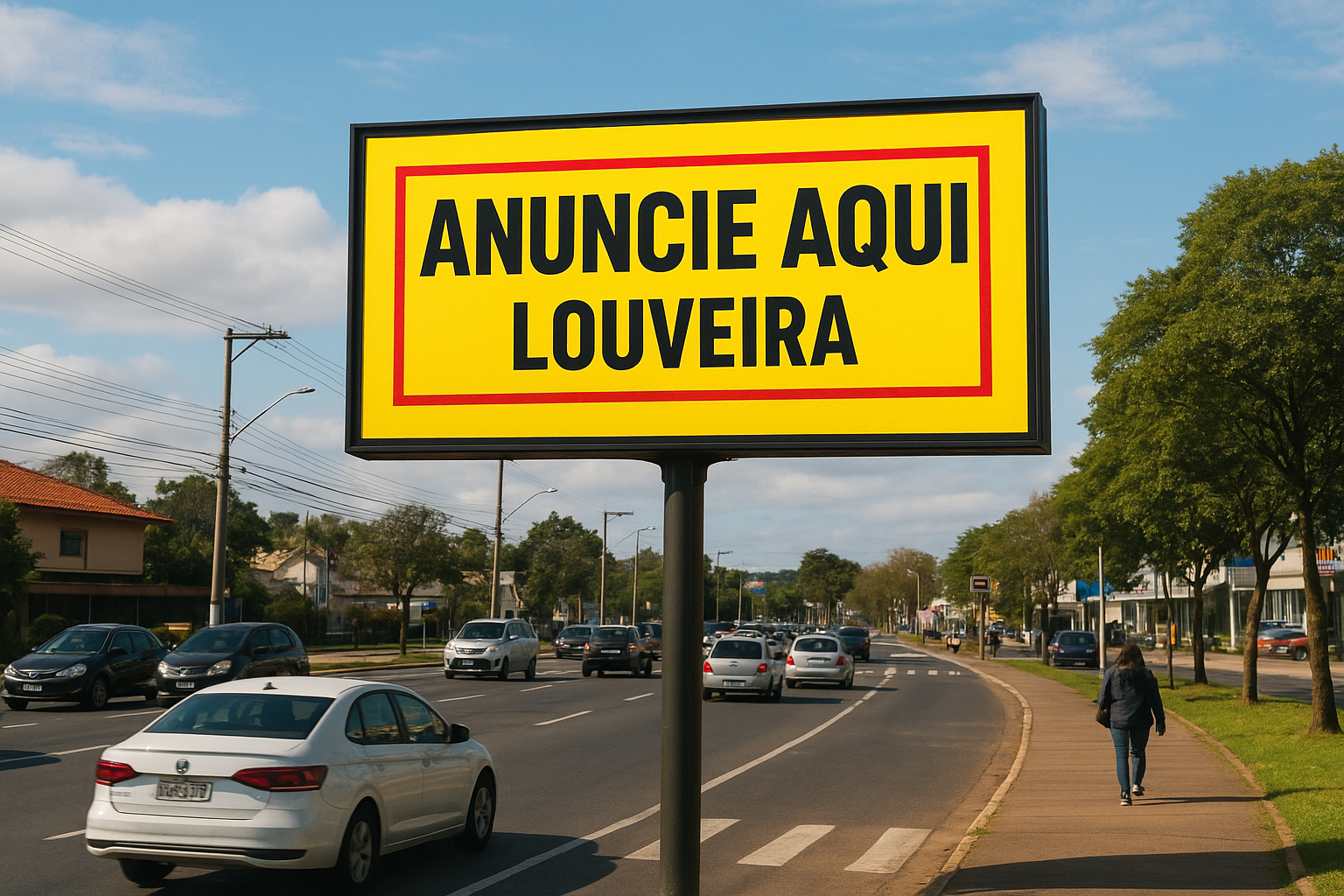 Outdoor instalado em avenida movimentada de Louveira, exibindo anúncio publicitário para atrair motoristas e pedestres.