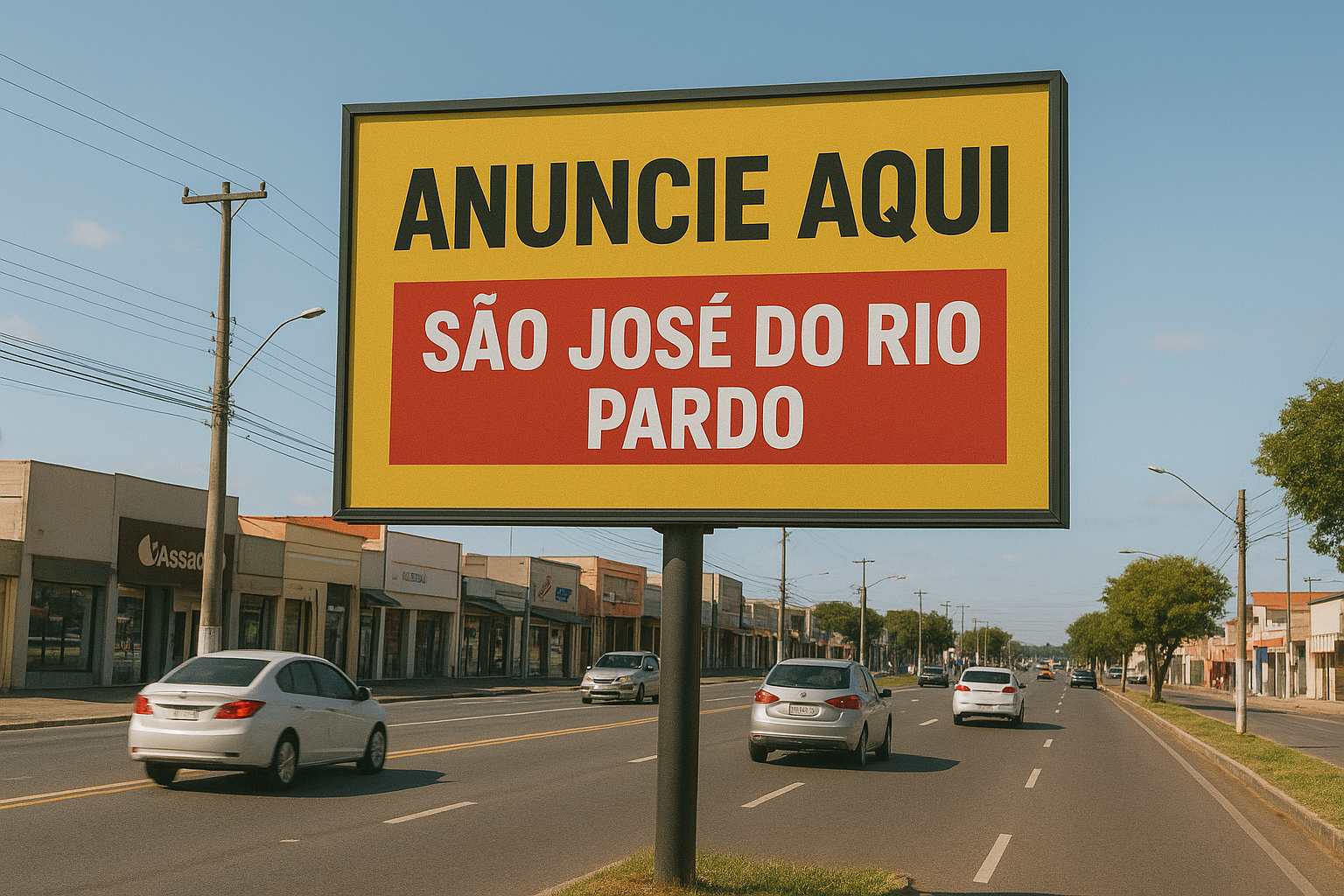 Outdoor instalado em ponto estratégico de São José do Rio Pardo, próximo a área comercial, exibindo propaganda de empresa local para motoristas e pedestres.