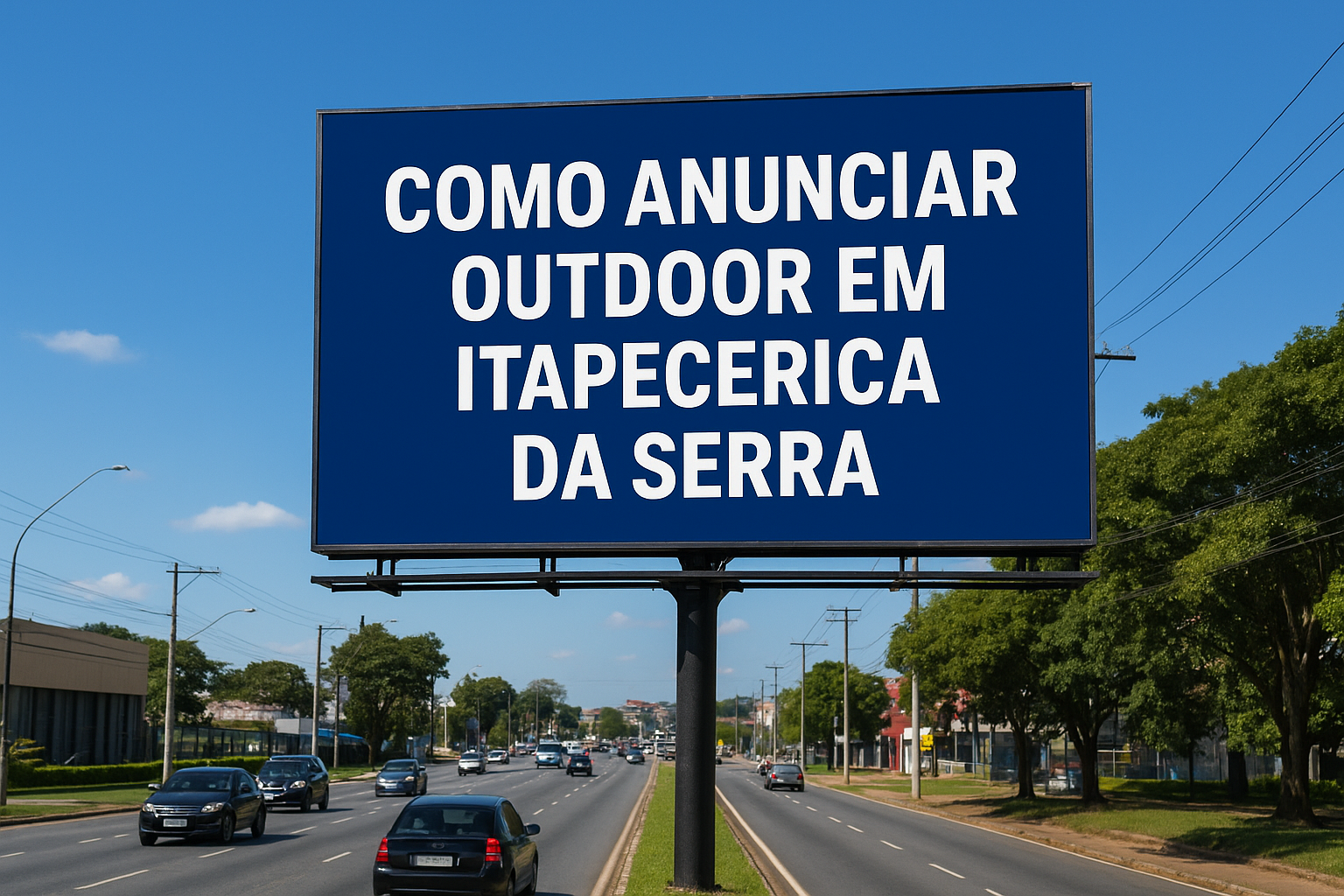 Outdoor publicitário em Itapecerica da Serra-SP instalado em via central, com design chamativo e mensagem direta para ampla visibilidade urbana.