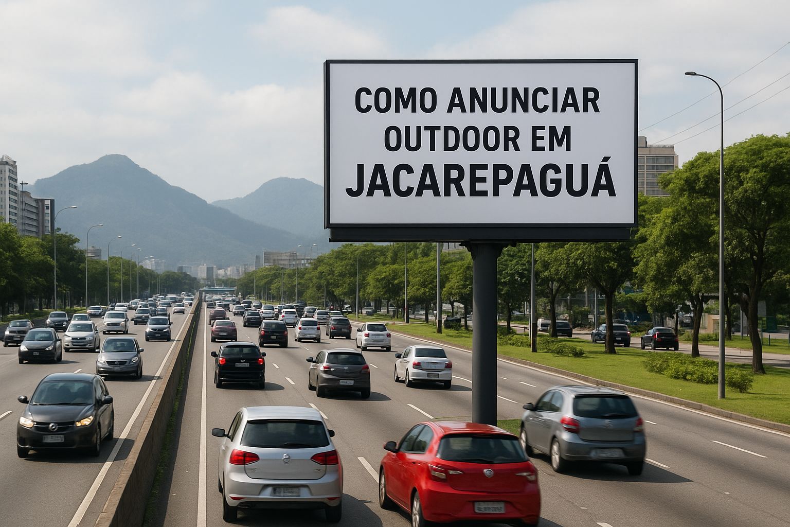 Outdoor em Jacarepaguá com a frase “Como anunciar outdoor em Jacarepaguá” em uma avenida movimentada com carros e montanhas ao fundo.