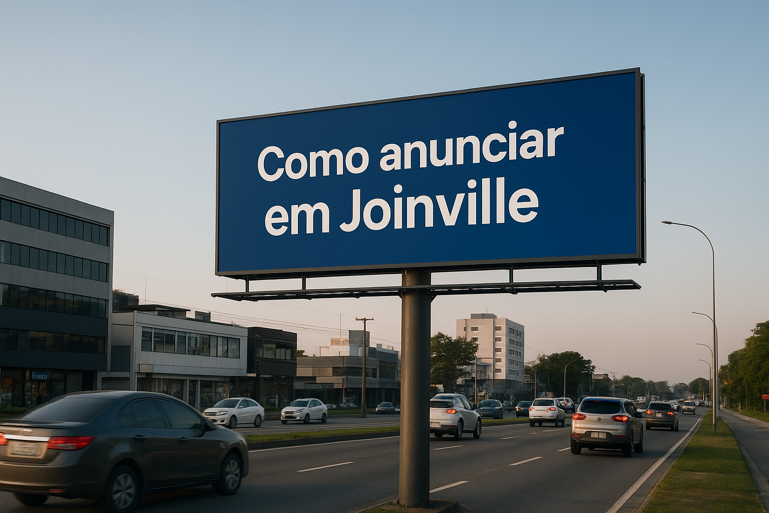 Outdoor grande com o texto “Como anunciar em Joinville”, localizado em uma avenida movimentada de Joinville (SC), com carros passando e prédios comerciais ao fundo sob luz natural suave.