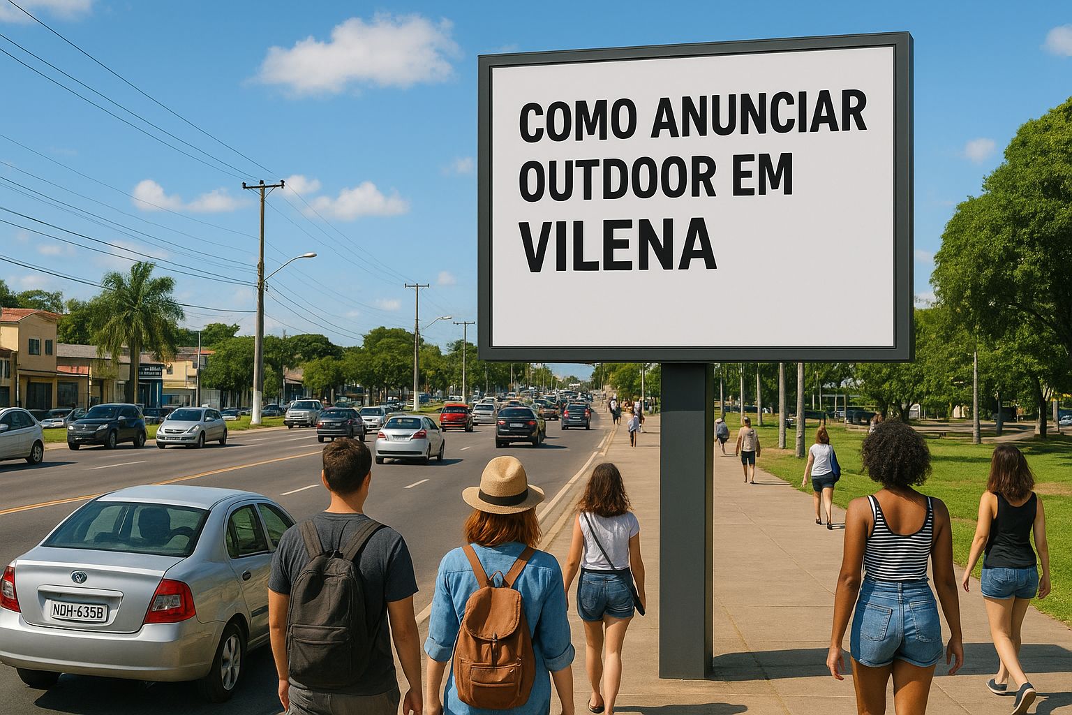 Outdoor em Vilena, Rondônia, em avenida movimentada com carros e pedestres passando sob o céu azul.