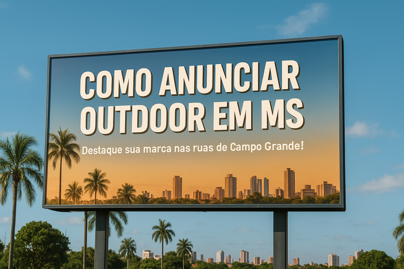 Outdoor em Campo Grande (MS) com o texto “Como Anunciar Outdoor em MS” sobre fundo azul e paisagem urbana, representando estratégias de marketing local e mídia externa no Mato Grosso do Sul.