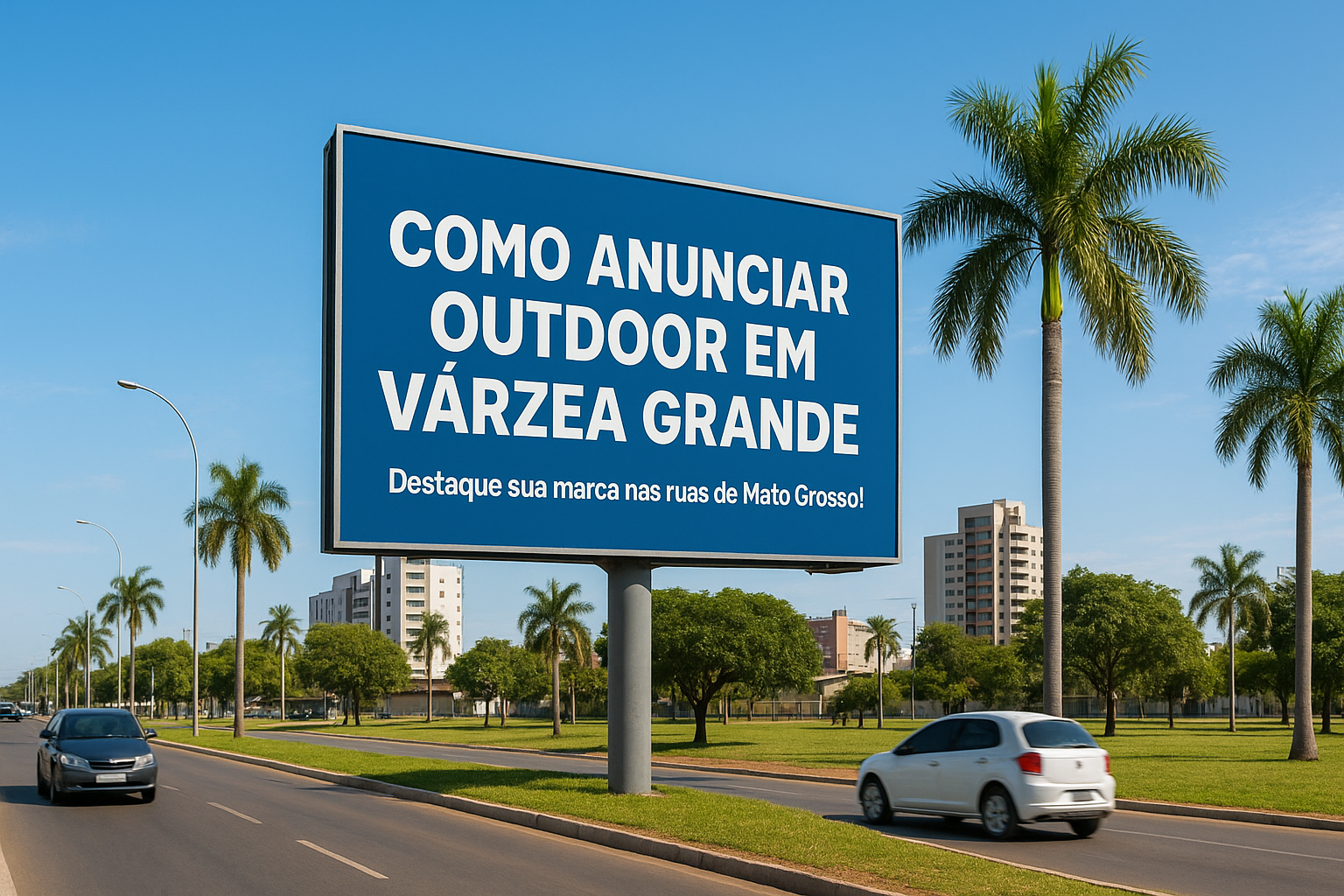 Outdoor moderno localizado em Várzea Grande (MT) com o texto “Como Anunciar Outdoor em Várzea Grande”, simbolizando campanhas publicitárias locais e marketing outdoor no Mato Grosso.