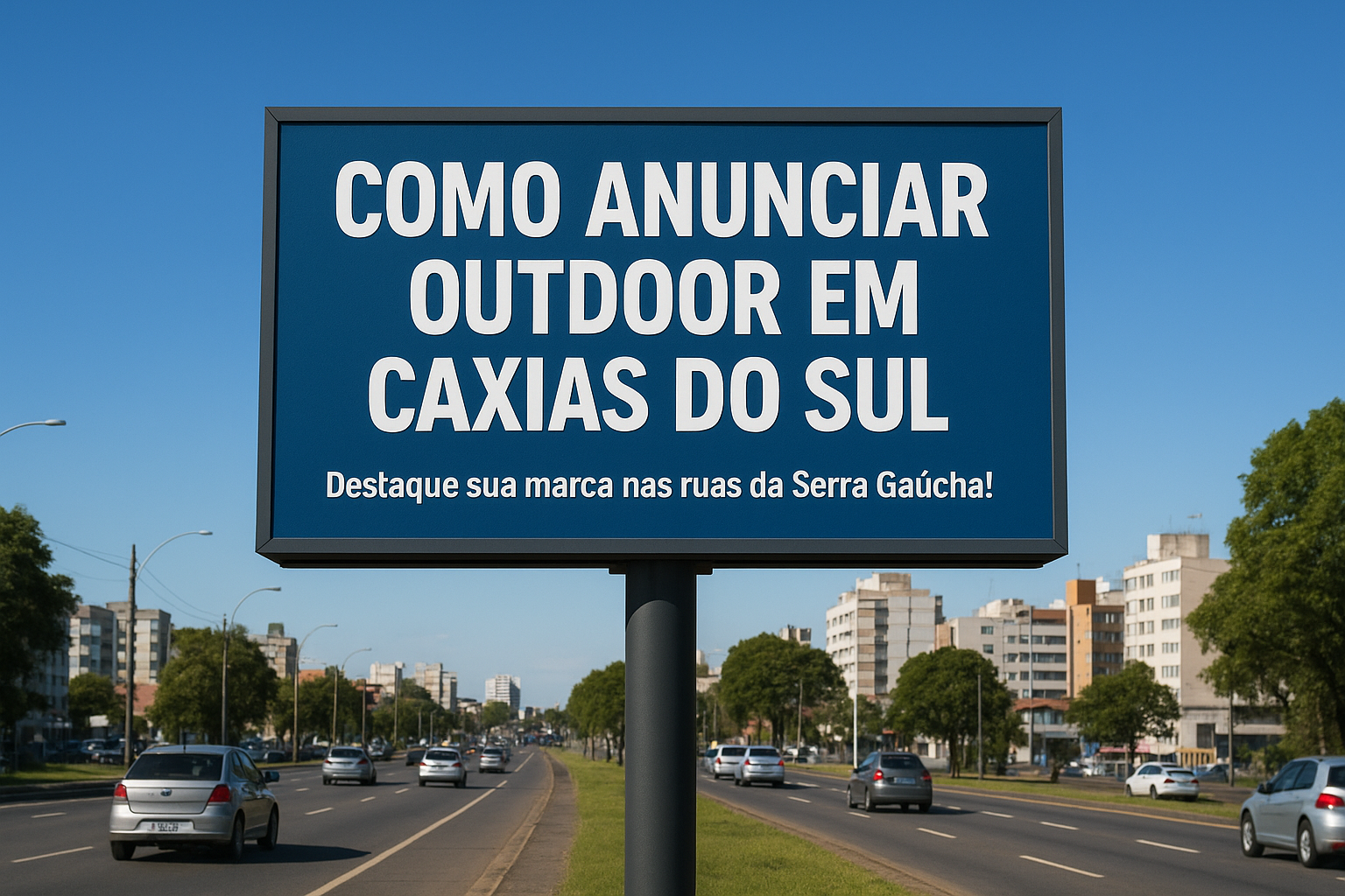Outdoor localizado em Caxias do Sul (RS) com o texto “Como Anunciar Outdoor em Caxias do Sul” sobre fundo azul e paisagem urbana, simbolizando campanhas de mídia externa e marketing local.