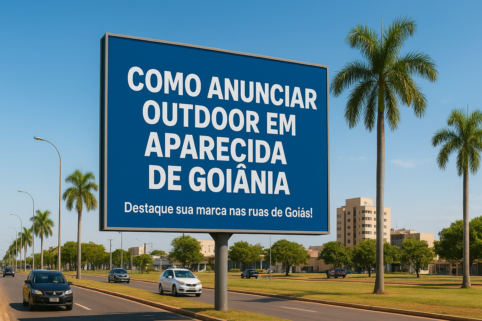 Outdoor localizado em Aparecida de Goiânia (GO) com o texto “Como Anunciar Outdoor em Aparecida de Goiânia”, representando campanhas de marketing e publicidade local.