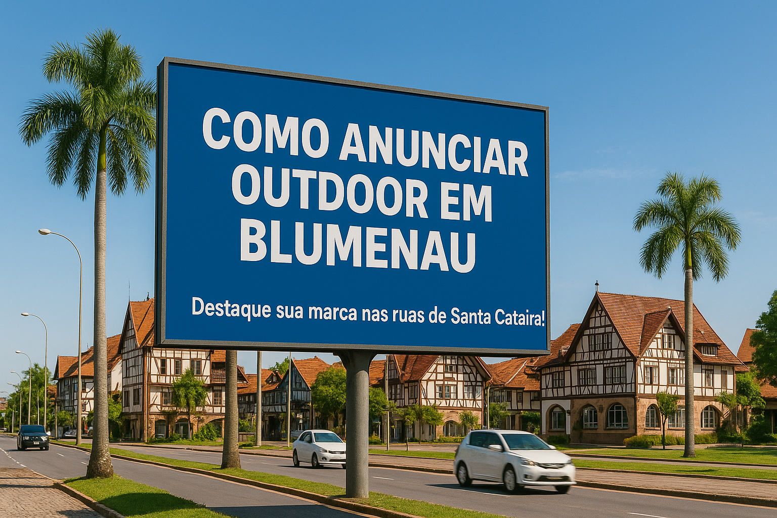 Outdoor localizado em Blumenau (SC) com o texto “Como Anunciar Outdoor em Blumenau”, simbolizando campanhas de mídia externa e marketing urbano na região.