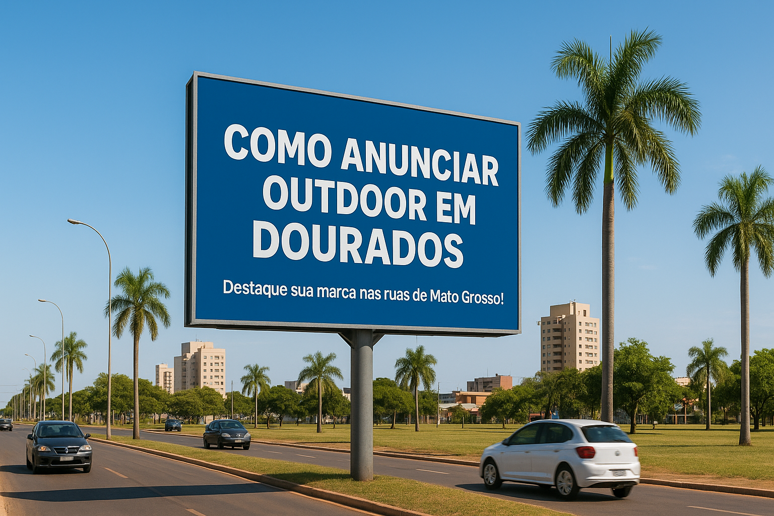 Outdoor localizado em Dourados (MS) com o texto “Como Anunciar Outdoor em Dourados”, simbolizando campanhas publicitárias locais e estratégias de marketing visual em Mato Grosso do Sul.