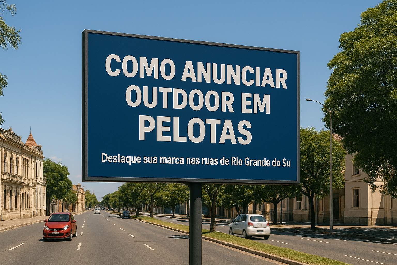 Outdoor em Pelotas (RS) com a mensagem “Como Anunciar Outdoor em Pelotas”, em ambiente urbano gaúcho.
