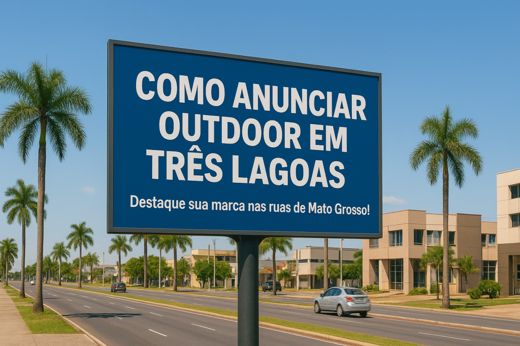 Outdoor em Três Lagoas mostrando o texto “Como Anunciar Outdoor em Três Lagoas”, em ambiente urbano de Mato Grosso do Sul.