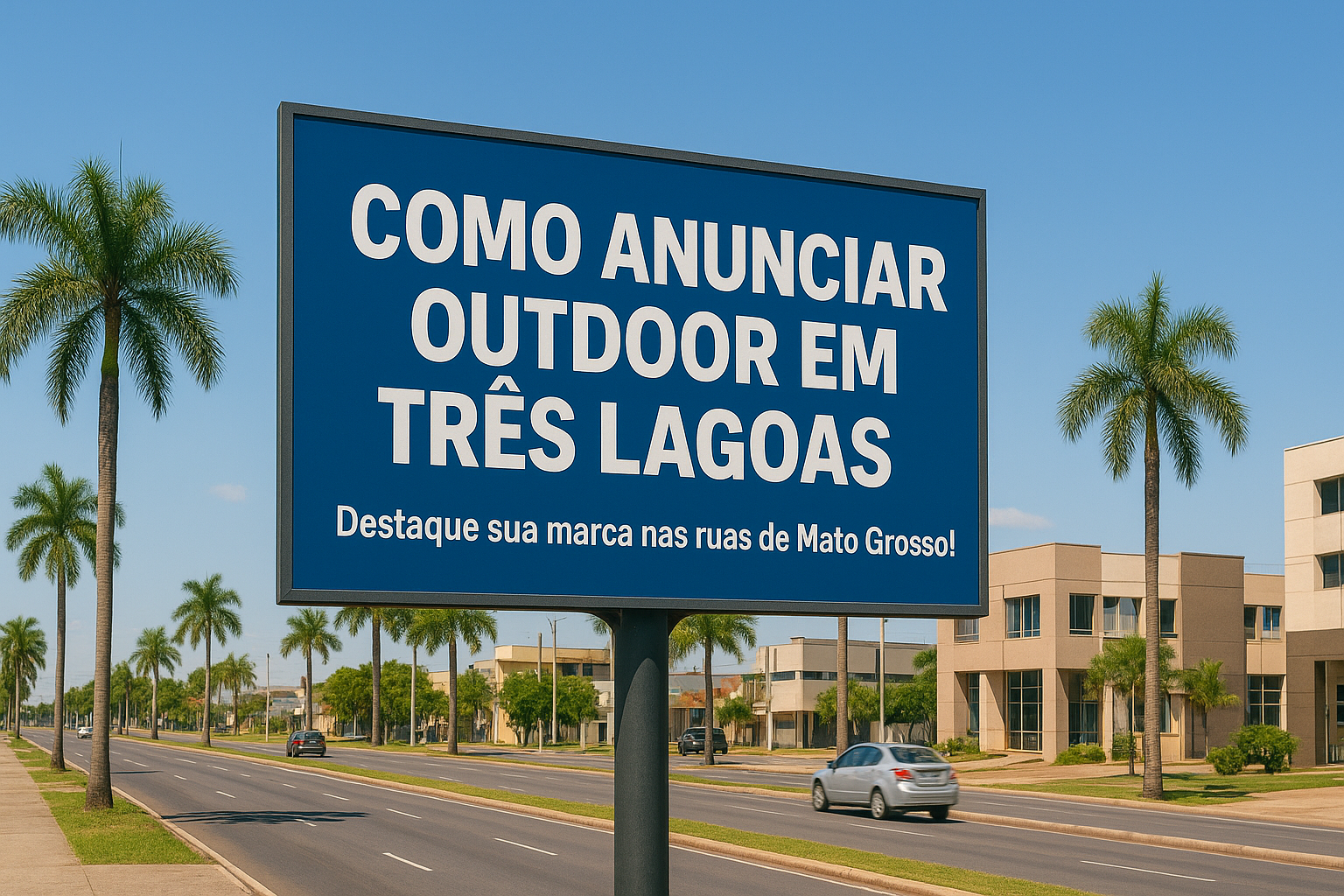 Outdoor em Três Lagoas mostrando o texto “Como Anunciar Outdoor em Três Lagoas”, em ambiente urbano de Mato Grosso do Sul.