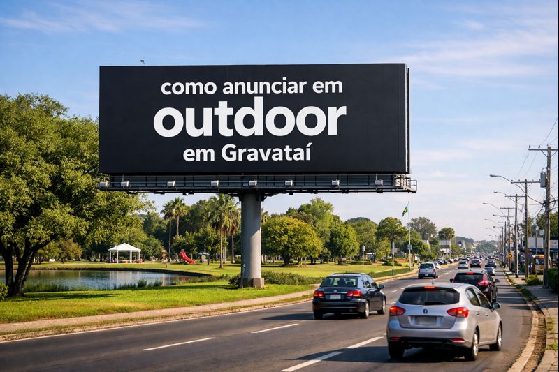 Outdoor em avenida movimentada de Gravataí, RS, com o Parcão de Gravataí ao fundo, exibindo a frase “como anunciar em outdoor em Gravataí”.