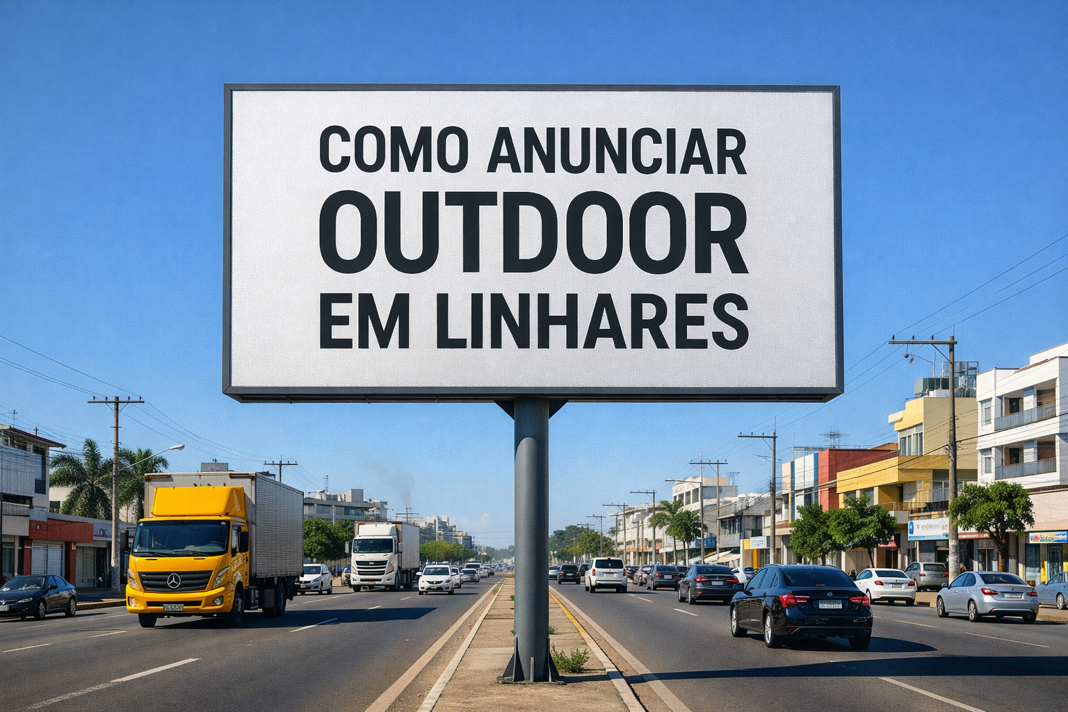 Outdoor publicitário em avenida movimentada de Linhares, ES, com o texto “Como anunciar outdoor em Linhares”, carros e caminhões passando sob céu azul.