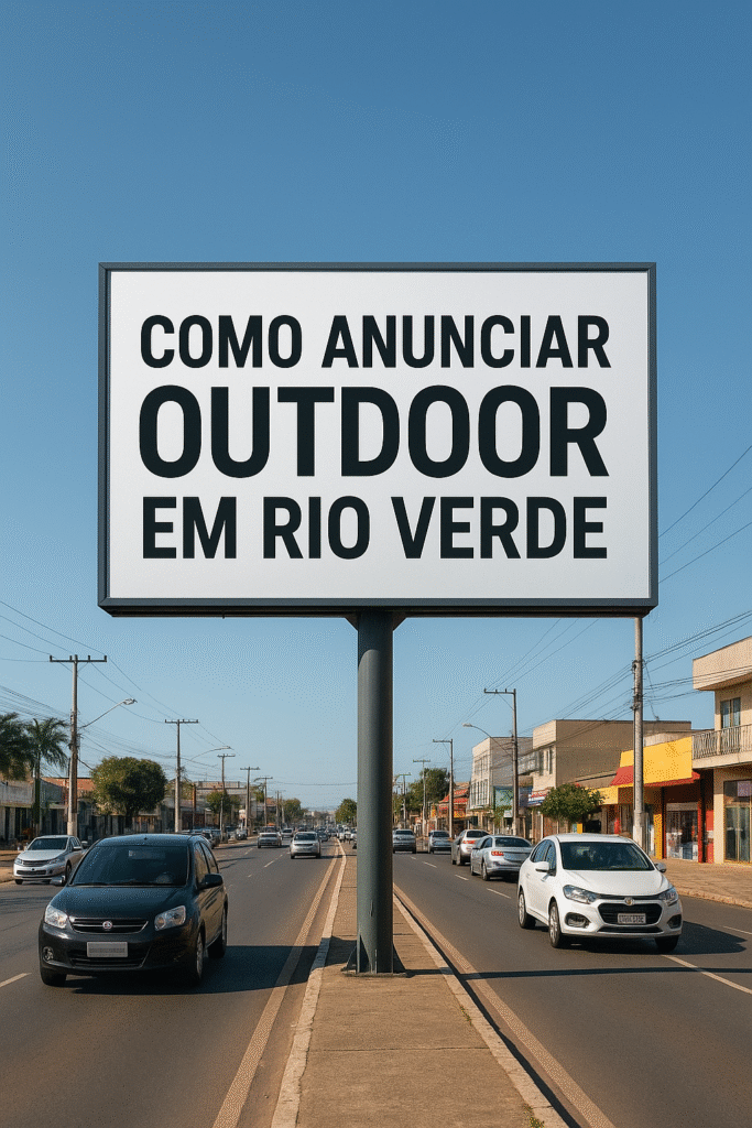 Outdoor em uma avenida movimentada de Rio Verde exibindo a frase “Como anunciar outdoor em Rio Verde”, com céu azul, carros passando e cenário urbano característico da cidade.