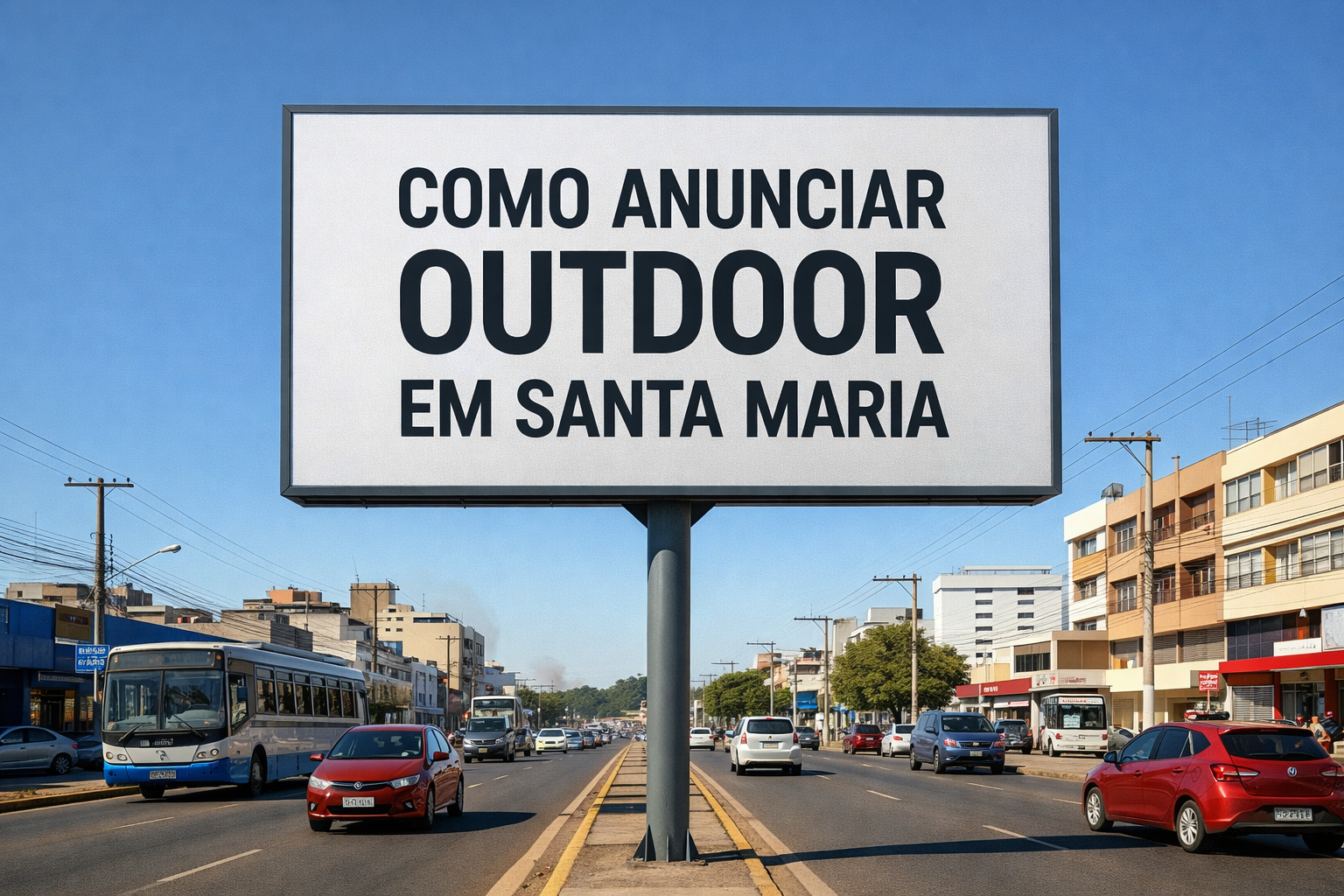 Outdoor publicitário em avenida movimentada de Santa Maria, RS, com o texto “Como anunciar outdoor em Santa Maria”, carros e ônibus passando sob céu azul.