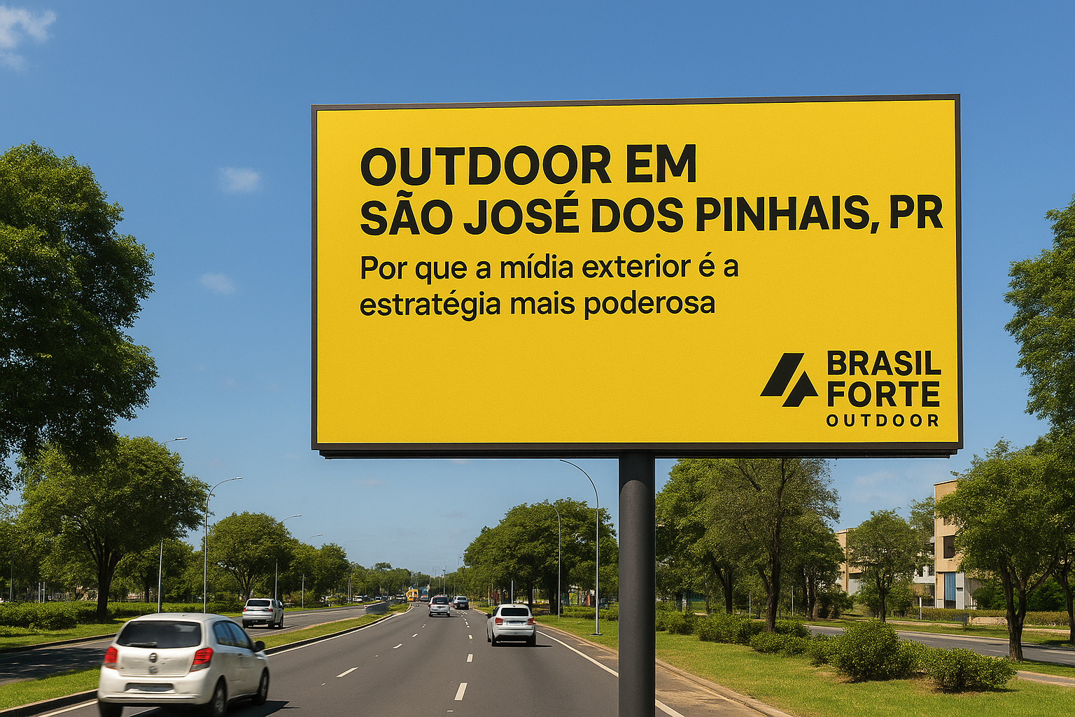 Outdoor amarelo em São José dos Pinhais, PR, exibindo mensagem publicitária sobre a eficácia da mídia exterior, com o logotipo da Brasil Forte Outdoor, instalado em avenida arborizada e movimentada.
