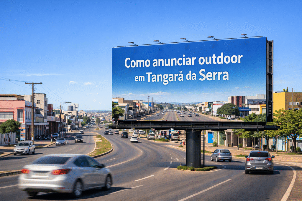 Outdoor em avenida movimentada de Tangará da Serra, MT, exibindo a frase “Como anunciar outdoor em Tangará da Serra”, com prédios comerciais e tráfego urbano ao fundo.