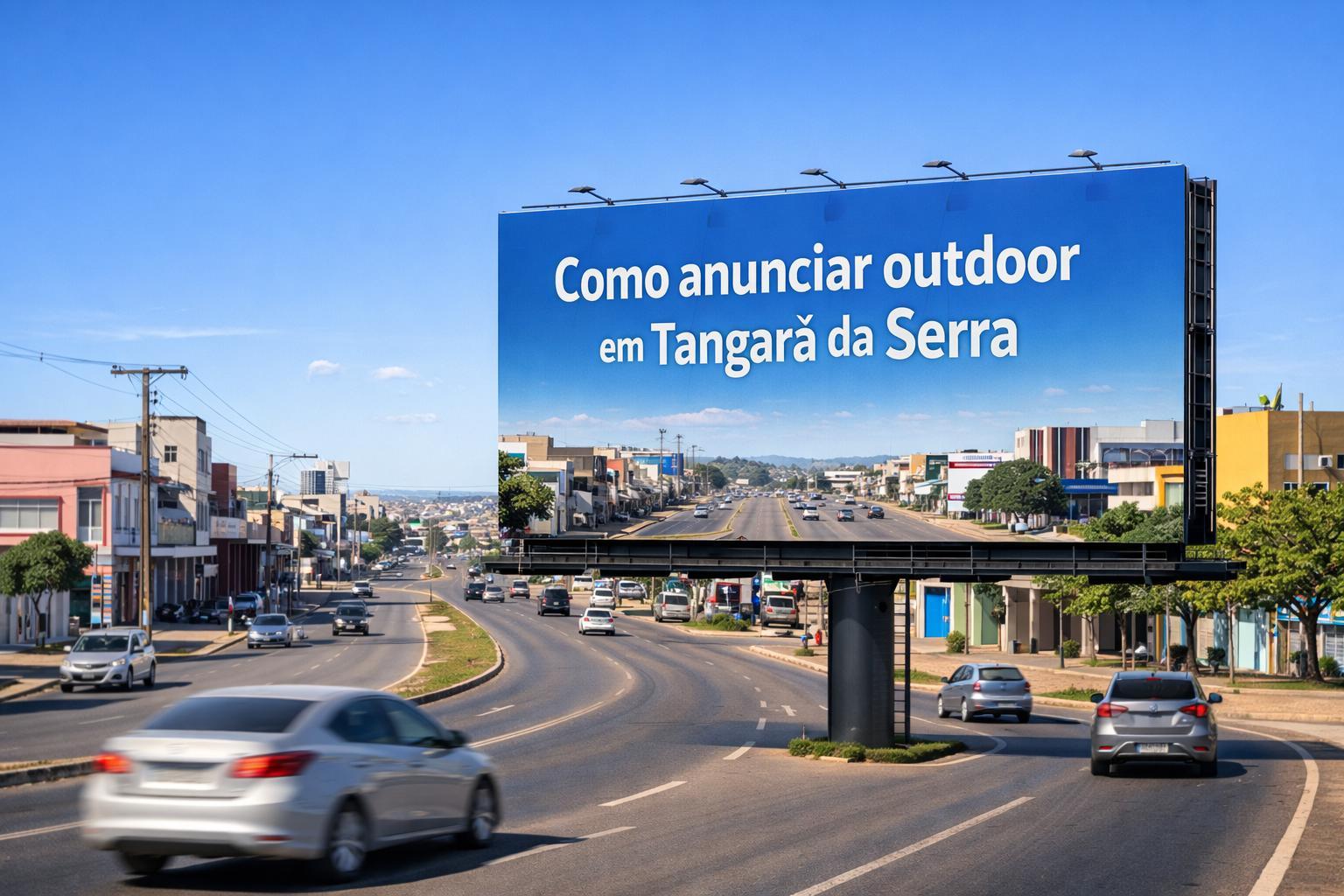 Outdoor em avenida movimentada de Tangará da Serra, MT, exibindo a frase “Como anunciar outdoor em Tangará da Serra”, com prédios comerciais e tráfego urbano ao fundo.
