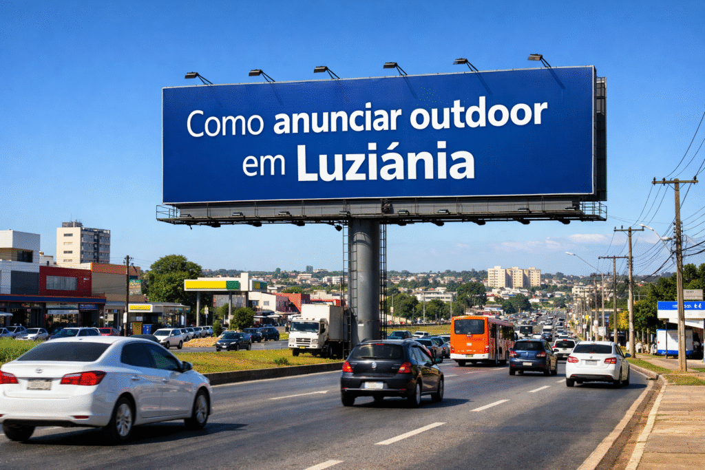 Outdoor instalado em avenida movimentada de Luziânia, GO, exibindo a frase “Como anunciar outdoor em Luziânia”, com tráfego urbano e prédios ao fundo.
