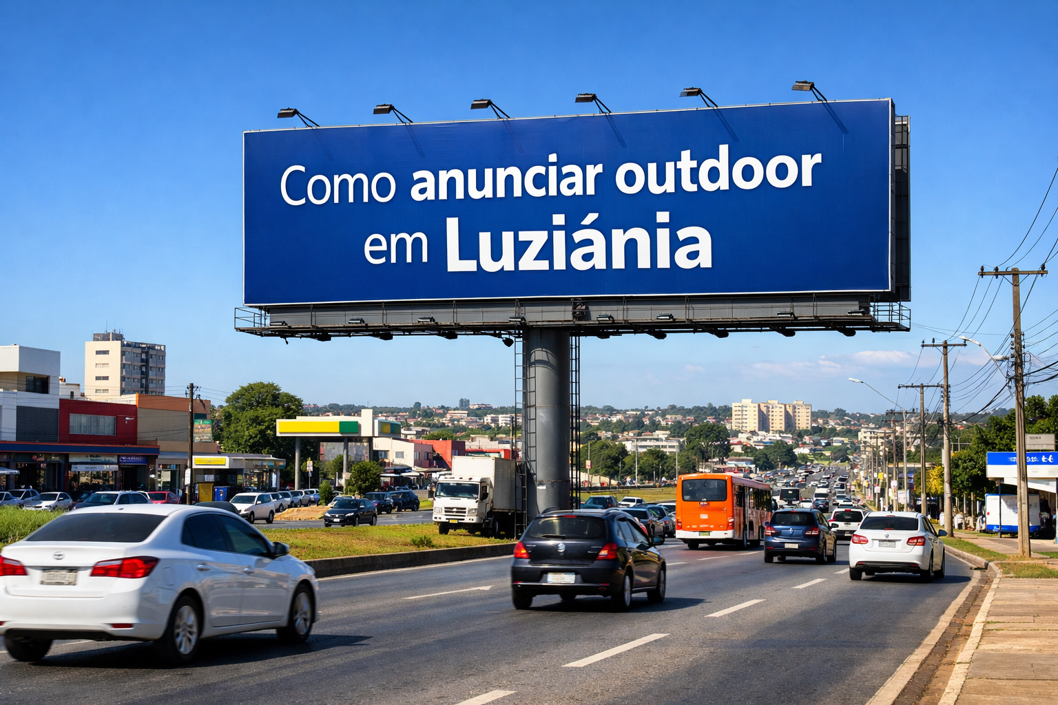 Outdoor instalado em avenida movimentada de Luziânia, GO, exibindo a frase “Como anunciar outdoor em Luziânia”, com tráfego urbano e prédios ao fundo.