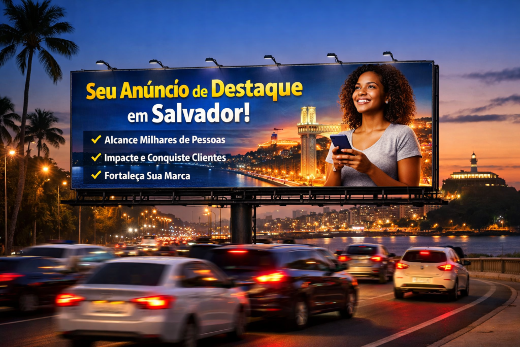 Outdoor 9x3 instalado em avenida movimentada de Salvador com campanha publicitária de alto impacto.