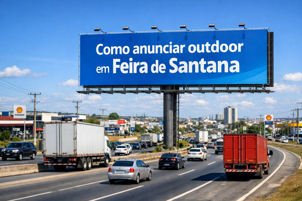 Outdoor em Feira de Santana – BA instalado às margens da BR-116, com tráfego intenso de carros e caminhões, exibindo a frase “Como anunciar outdoor em Feira de Santana” em destaque.