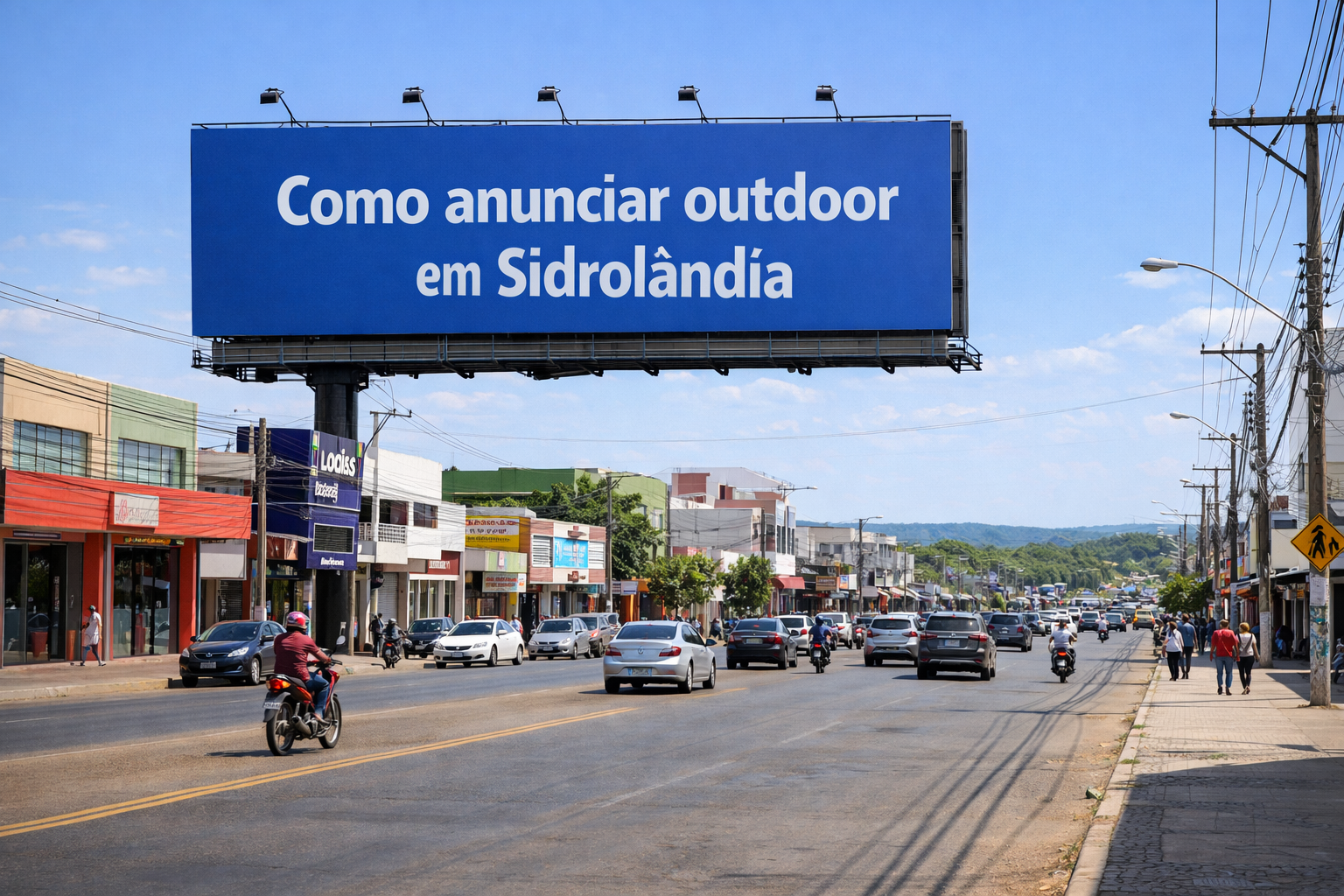 Outdoor azul com a frase “Como anunciar outdoor em Sidrolândia” instalado na Avenida Dorvalino dos Santos, em Sidrolândia/MS, acima de uma avenida movimentada com carros, motos, comércios e pedestres, sob céu azul e luz natural.