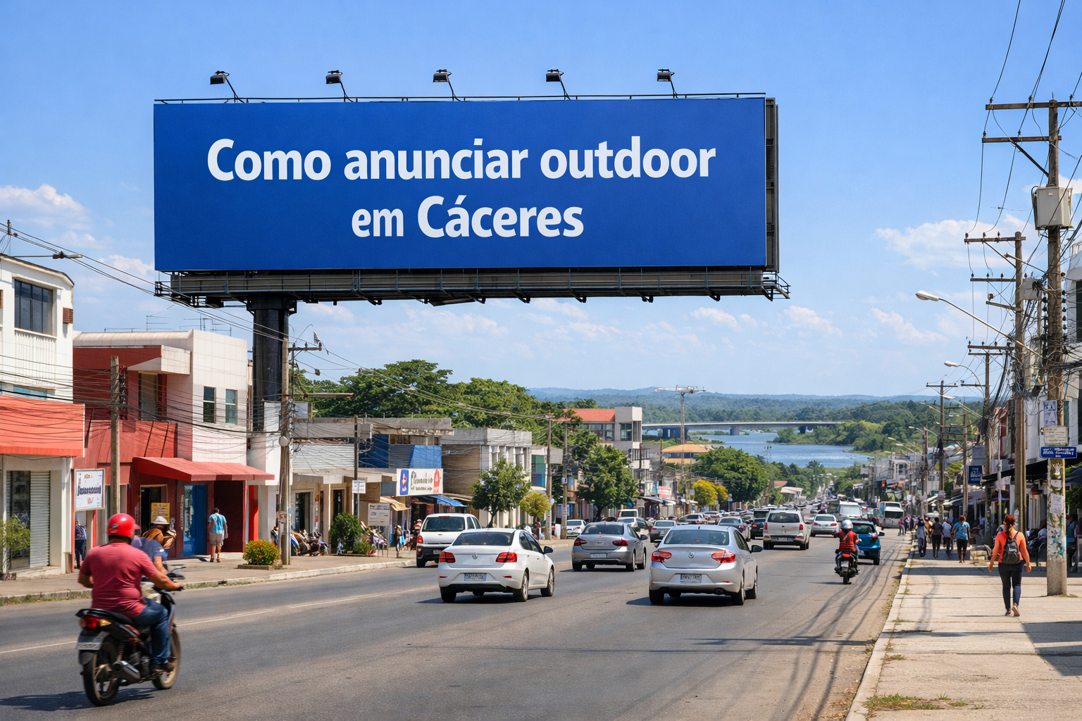 Outdoor instalado em avenida de Cáceres, MT, exibindo a frase “Como anunciar outdoor em Cáceres”, com cenário urbano e tráfego ao fundo.