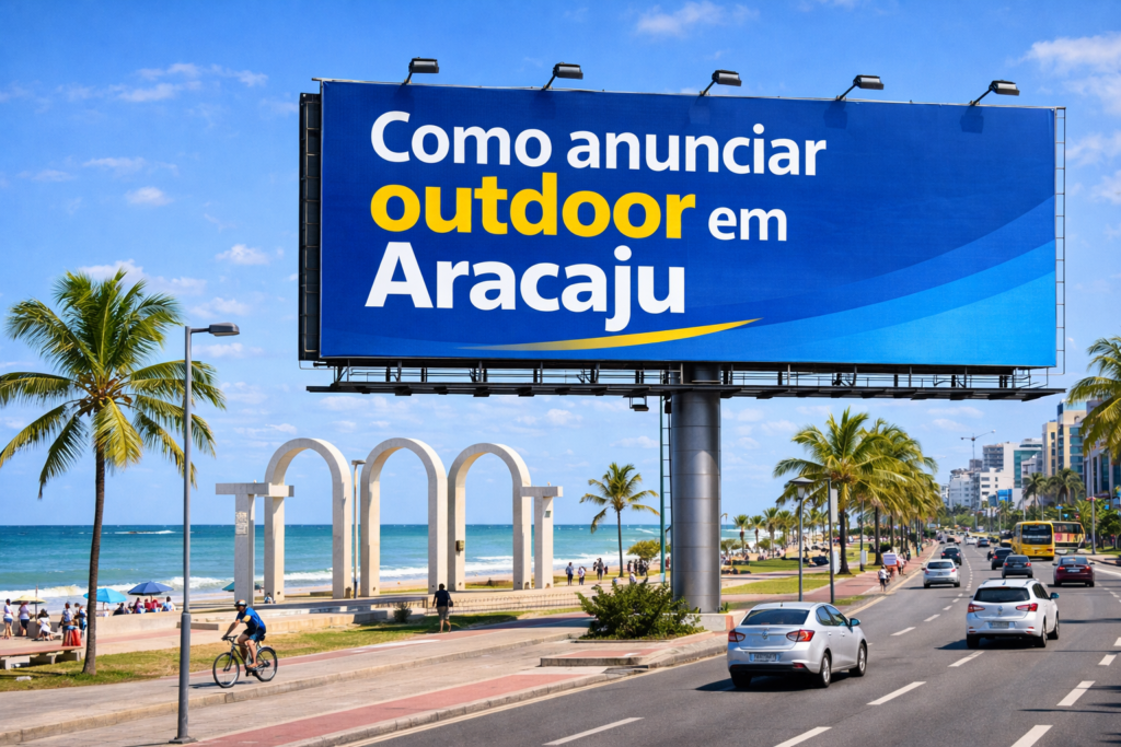 Outdoor em Aracaju na Orla de Atalaia com os Arcos da Orla ao fundo, exibindo a frase “Como anunciar outdoor em Aracaju”.