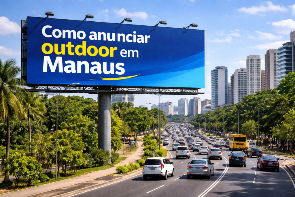 Outdoor em Manaus na Avenida Djalma Batista com tráfego intenso, exibindo a frase “Como anunciar outdoor em Manaus”.