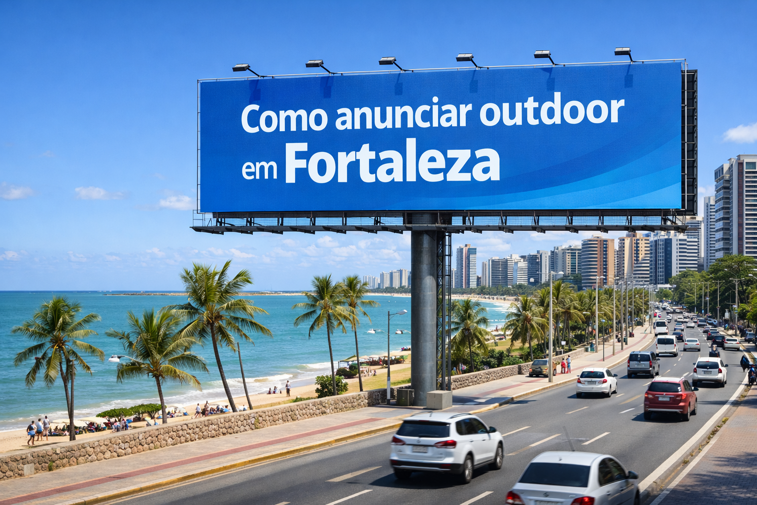 Outdoor em Fortaleza – CE instalado na Avenida Beira-Mar com vista para o mar, exibindo a frase “Como anunciar outdoor em Fortaleza” em destaque, com cenário urbano e coqueiros ao fundo.
