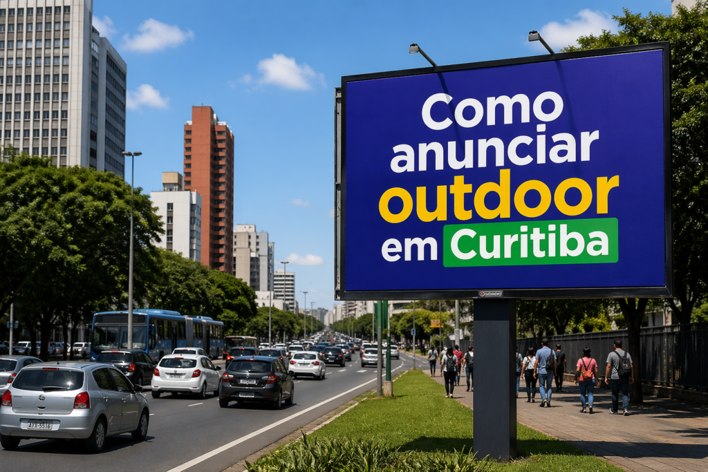 Outdoor publicitário em Curitiba exibindo anúncio “Como anunciar outdoor em Curitiba” em avenida movimentada com alto fluxo de veículos.