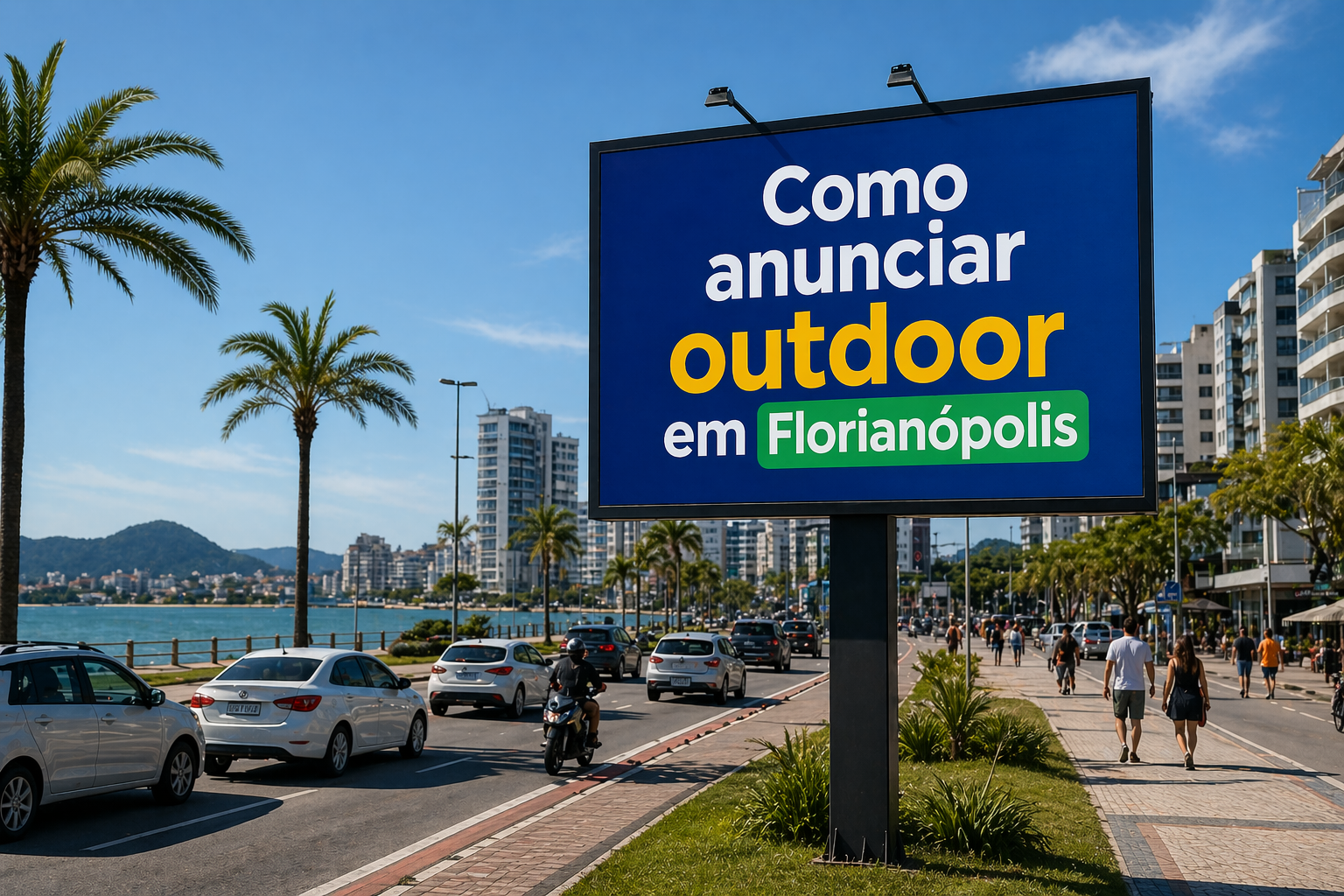 Outdoor publicitário em Florianópolis com anúncio “Como anunciar outdoor em Florianópolis” em avenida movimentada próxima ao litoral.