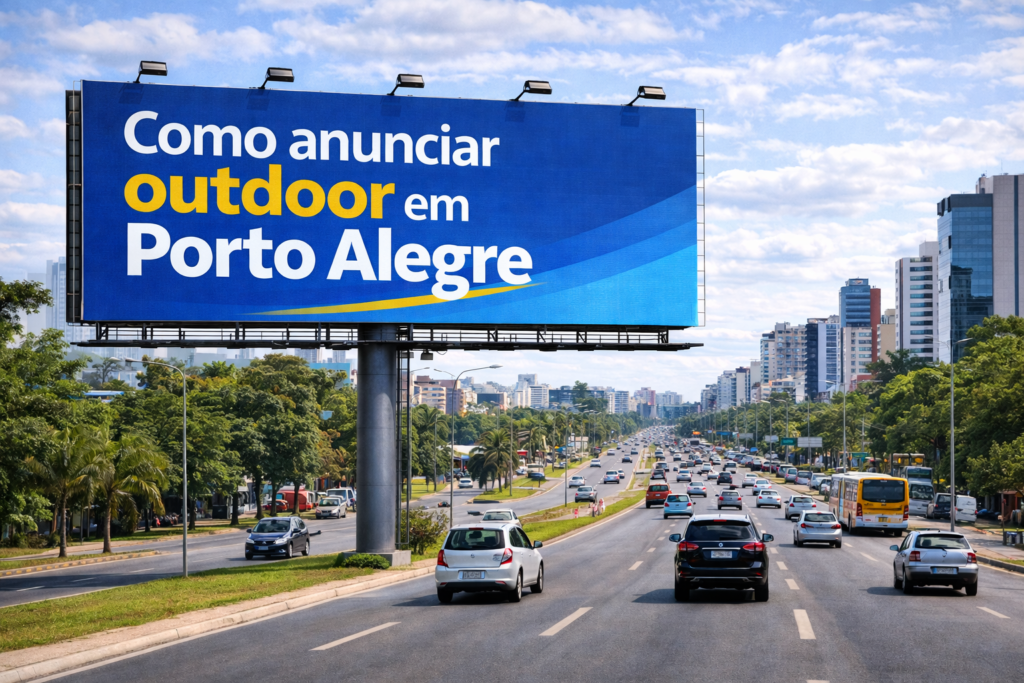 Outdoor em Porto Alegre na Avenida Ipiranga com tráfego intenso e cenário urbano, exibindo a frase “Como anunciar outdoor em Porto Alegre