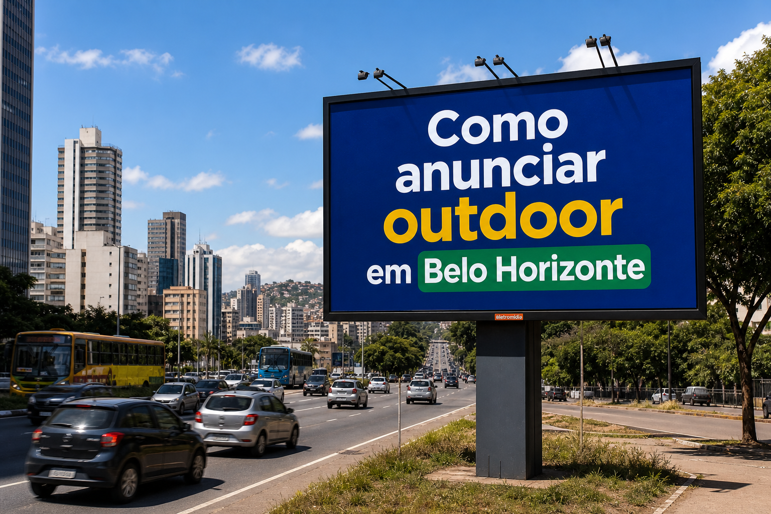 Outdoor em Fortaleza – CE instalado na Avenida Beira-Mar com vista para o mar, exibindo a frase “Como anunciar outdoor em Fortaleza” em destaque, com cenário urbano e coqueiros ao fundo.