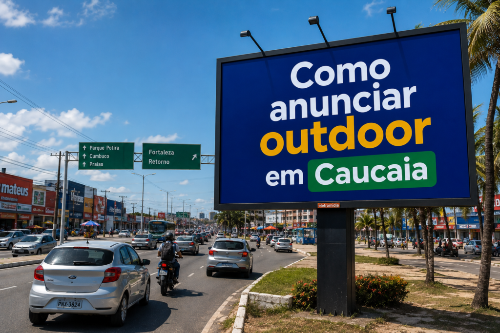 Outdoor publicitário em Caucaia, Ceará, instalado às margens da BR-222, exibindo a frase “Como anunciar outdoor em Caucaia” em meio ao trânsito urbano, palmeiras e cenário tropical típico da Região Metropolitana de Fortaleza.