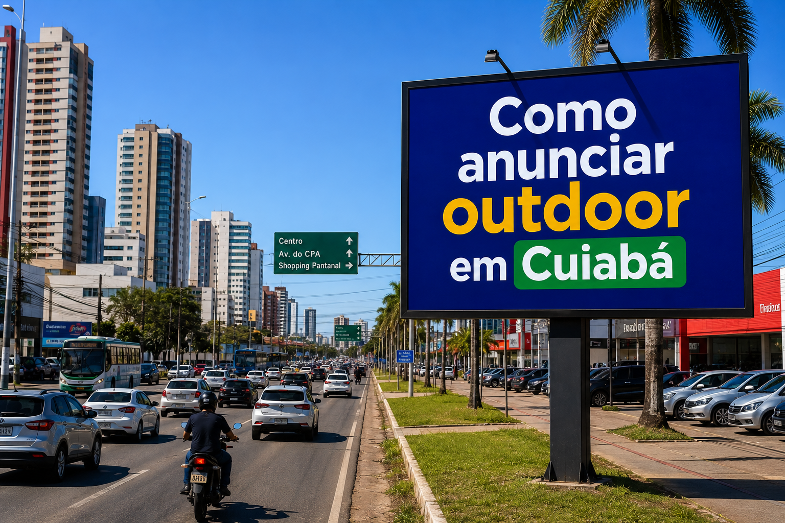 Outdoor publicitário em Cuiabá, Mato Grosso, localizado na Avenida do CPA, exibindo a frase “Como anunciar outdoor em Cuiabá” em um cenário urbano com trânsito intenso, prédios modernos, palmeiras e forte iluminação natural típica da capital mato-grossense.