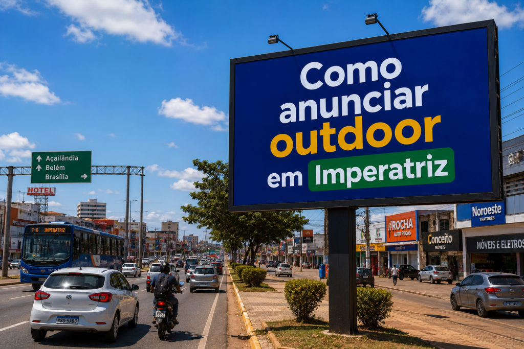 Outdoor publicitário em Imperatriz, Maranhão, localizado próximo à BR-010, exibindo a frase “Como anunciar outdoor em Imperatriz” em meio ao trânsito urbano, comércio local e cenário típico da cidade.