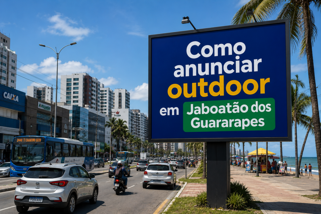 Outdoor publicitário em Jaboatão dos Guararapes, Pernambuco, instalado na Avenida Bernardo Vieira de Melo, próximo à Praia de Piedade, exibindo a frase “Como anunciar outdoor em Jaboatão dos Guararapes” em meio ao trânsito urbano e cenário litorâneo.
