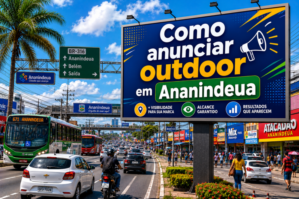 Outdoor publicitário em Ananindeua, Pará, localizado na BR-316, exibindo a frase “Como anunciar outdoor em Ananindeua” em meio ao trânsito urbano, comércios e cenário metropolitano da cidade.